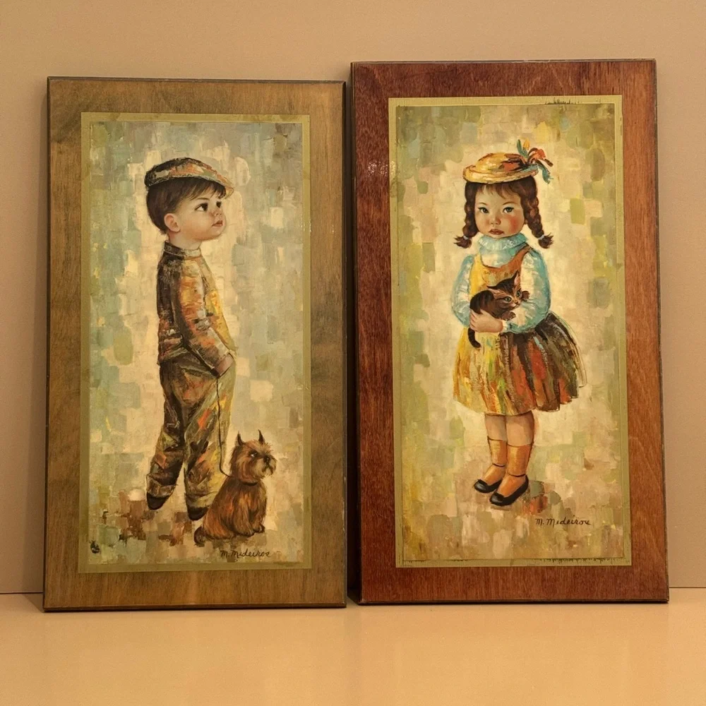 Mid Century Medeiros Girl with Cat and Boy with Dog Big Eye Wall Art - Picture 3 of 13